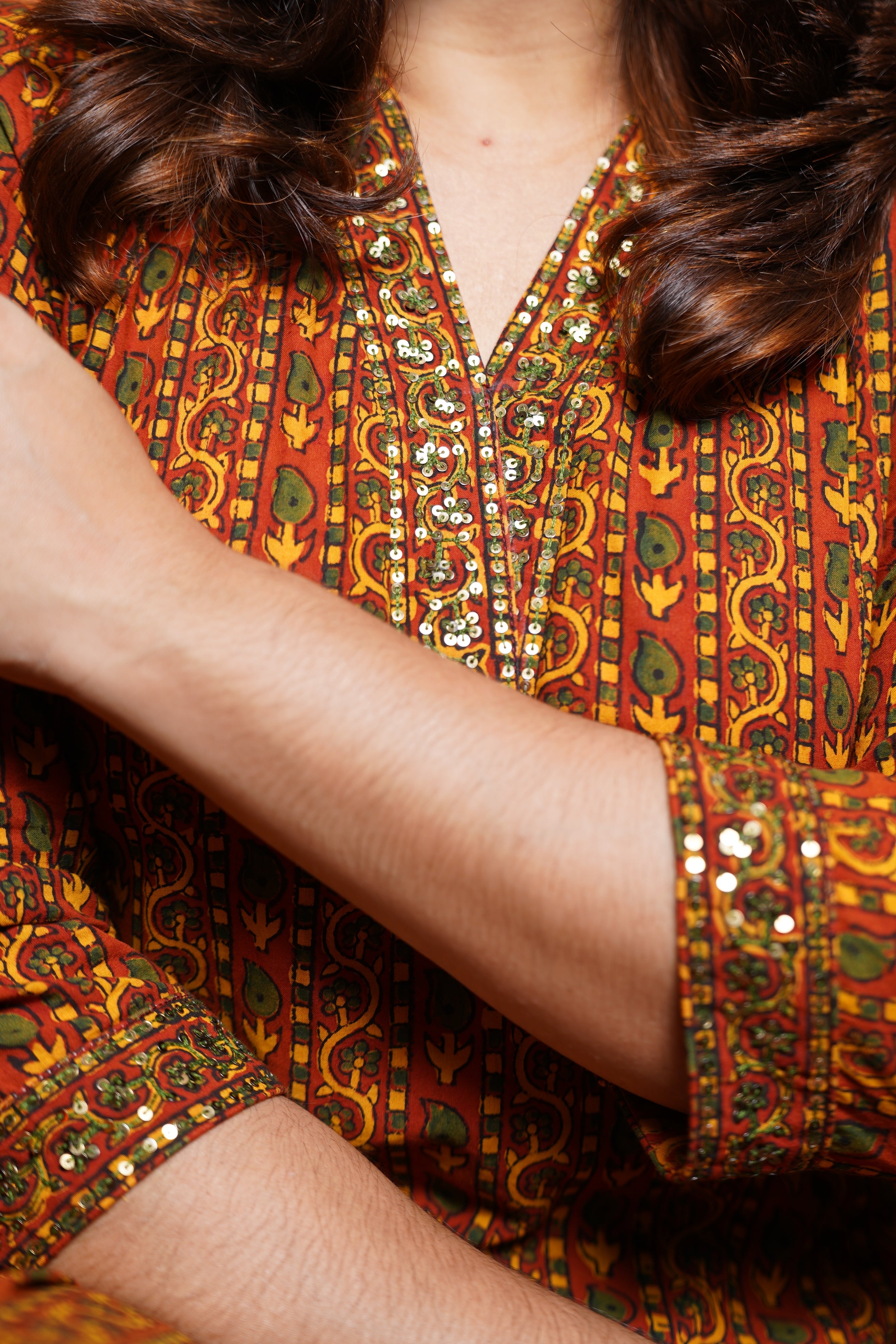 Hand Block Printed Ajrakh Aline Princess Cut Kurthi  Set with Hand Work