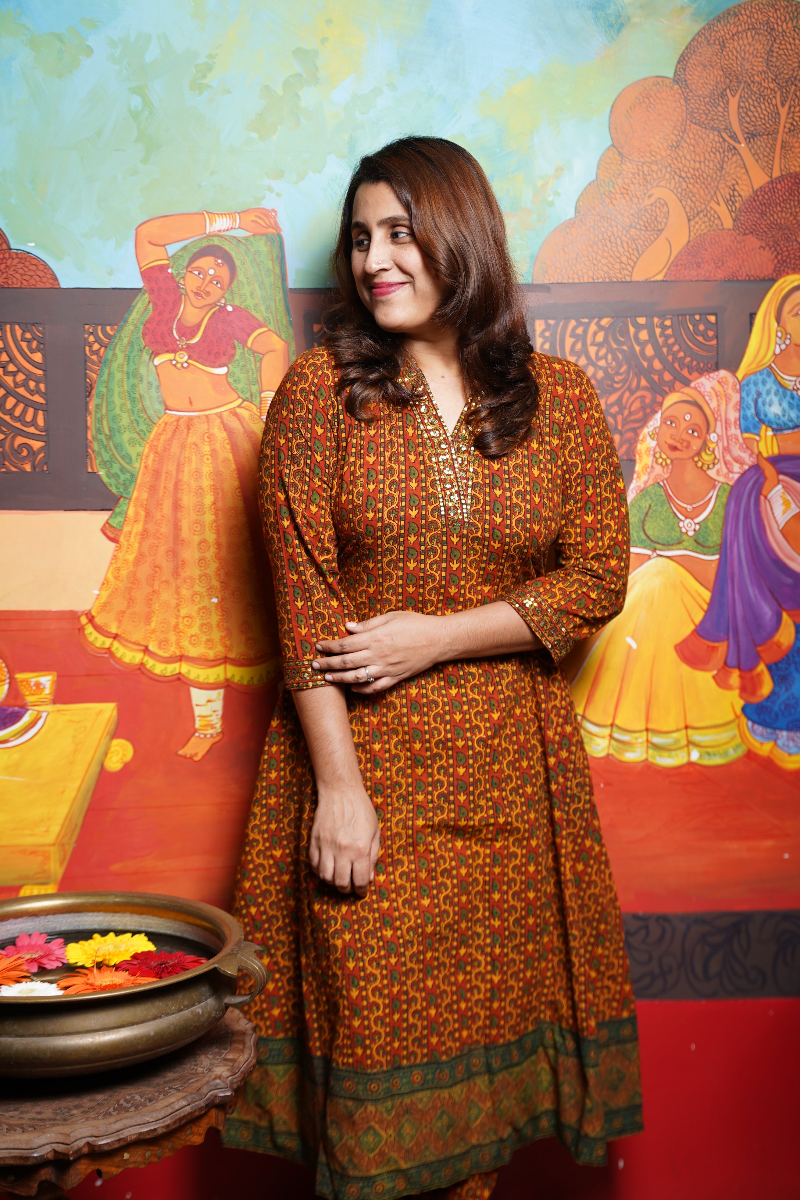 Hand Block Printed Ajrakh Aline Princess Cut Kurthi  Set with Hand Work