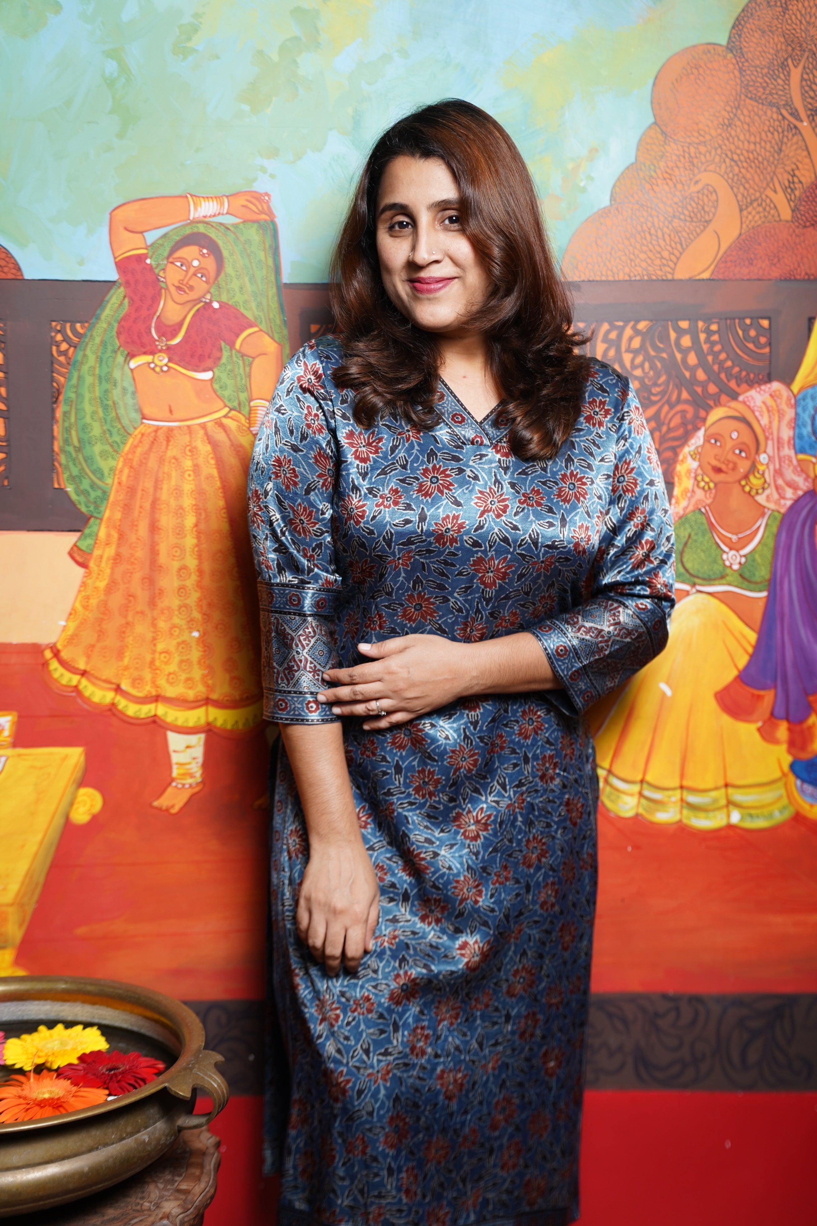 Hand Block Printed Ajrakh Mashru Silk Straight cut Kurthi