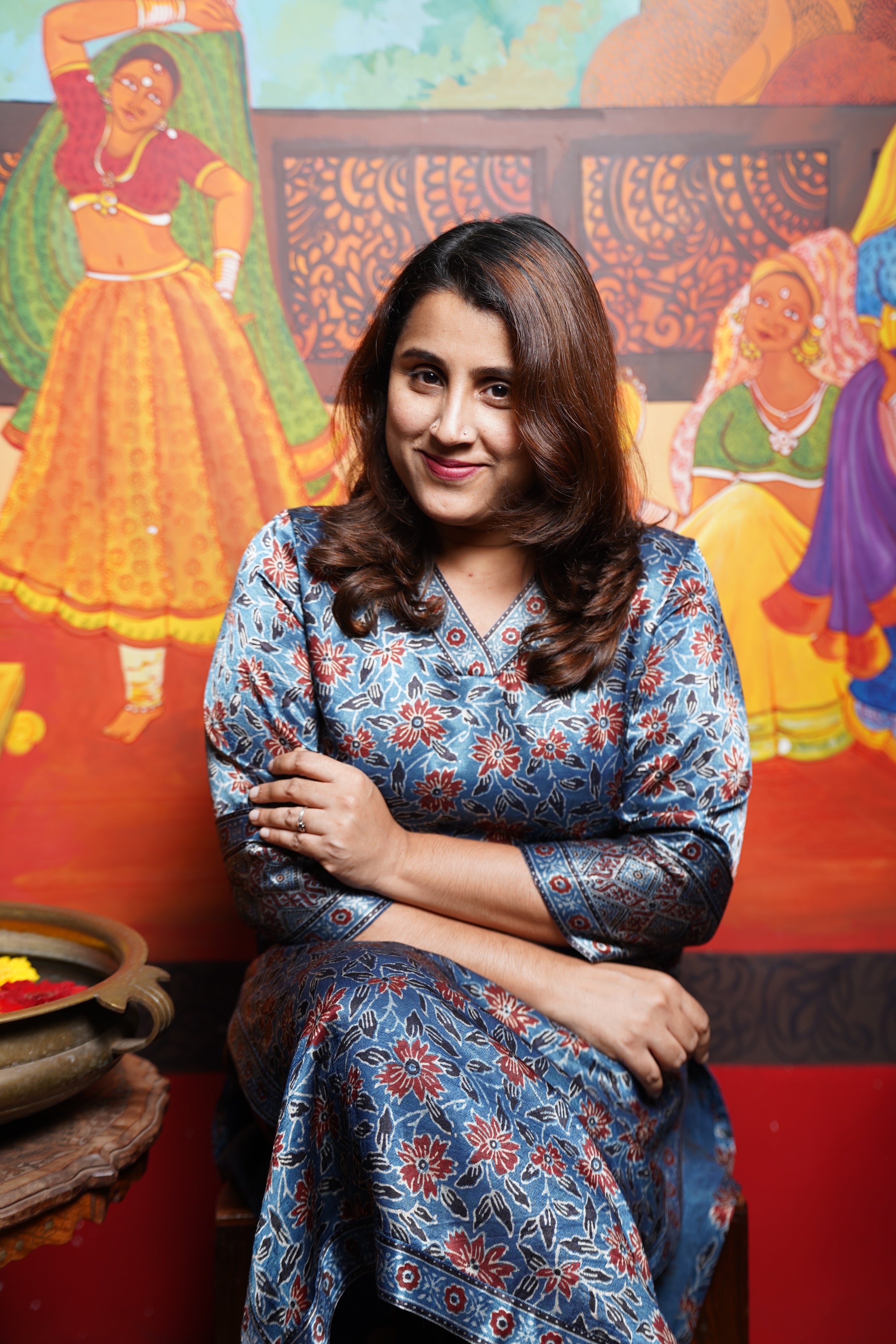 Hand Block Printed Ajrakh Mashru Silk Straight cut Kurthi