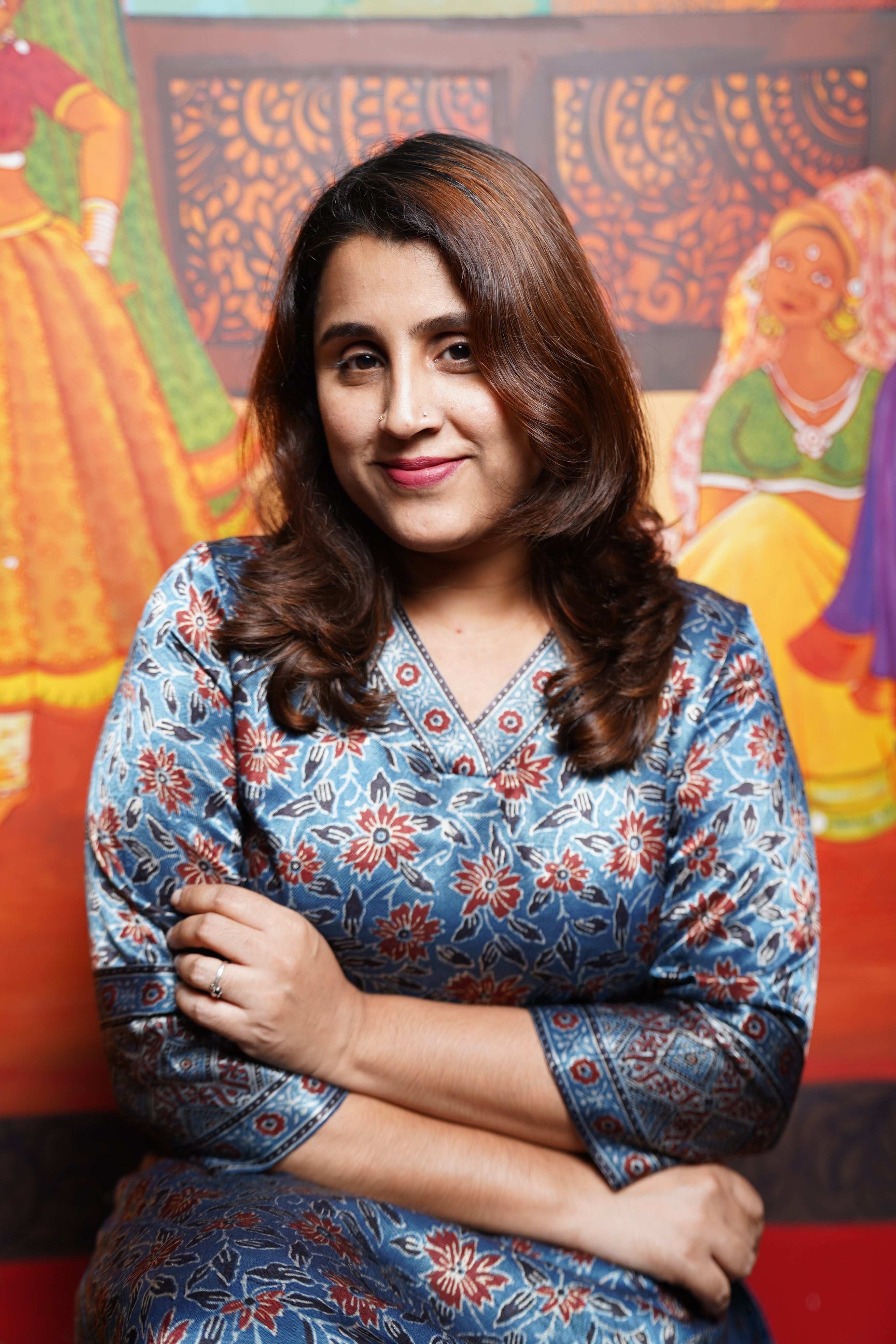 Hand Block Printed Ajrakh Mashru Silk Straight cut Kurthi