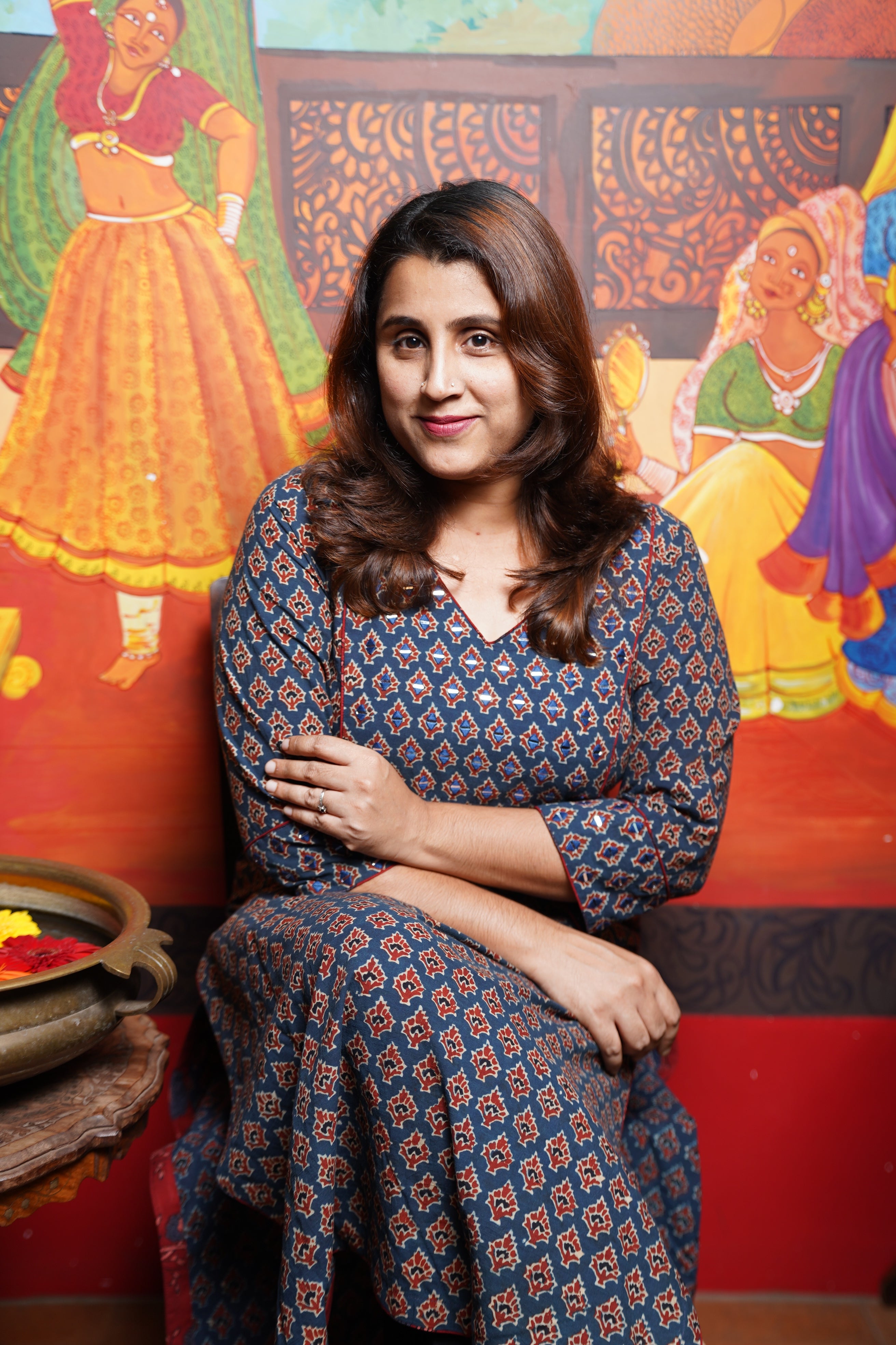 Hand Block Printed Ajrakh Cotton Straight cut Kurthi  With Hand Work