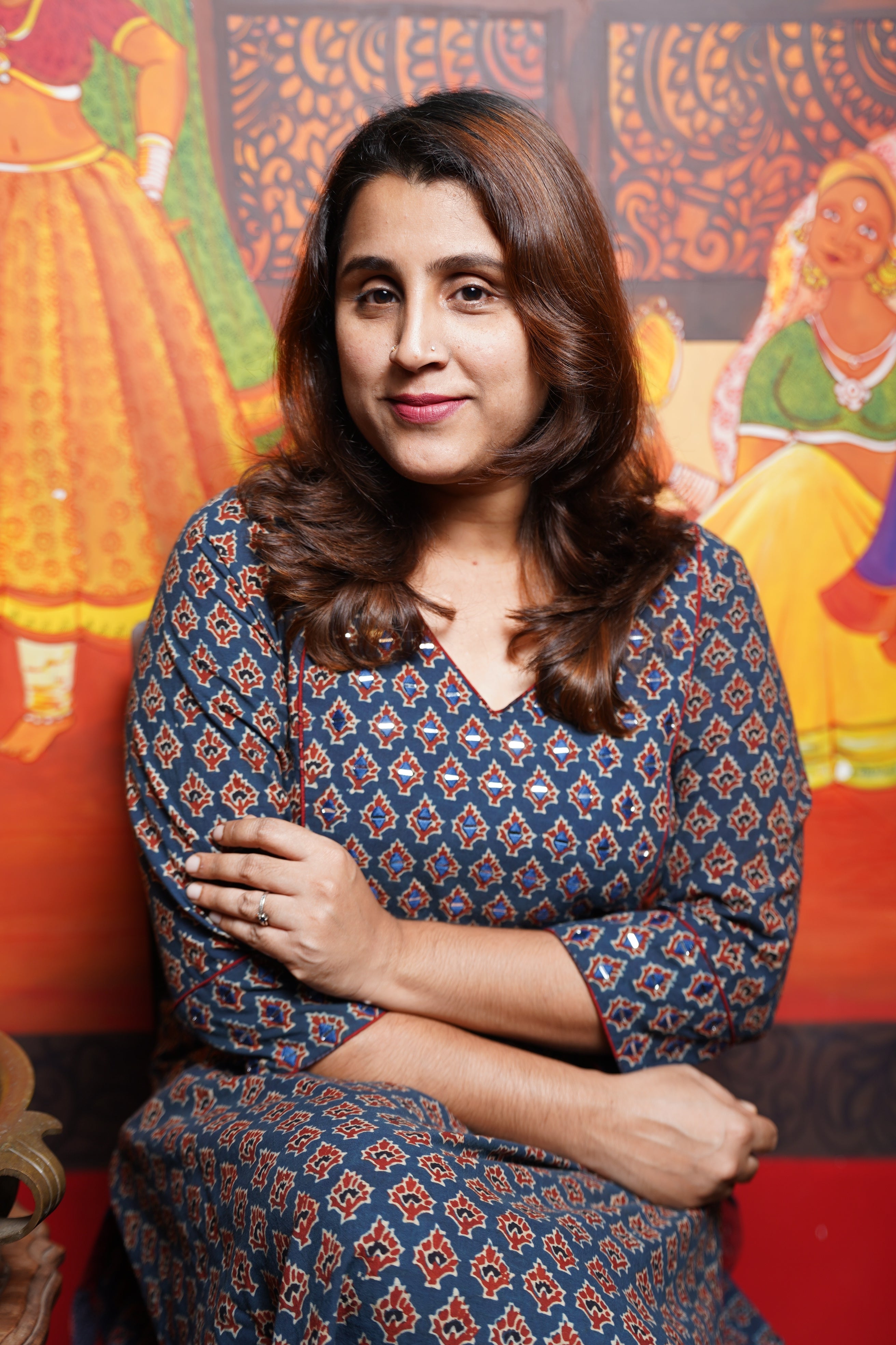 Hand Block Printed Ajrakh Cotton Straight cut Kurthi  With Hand Work