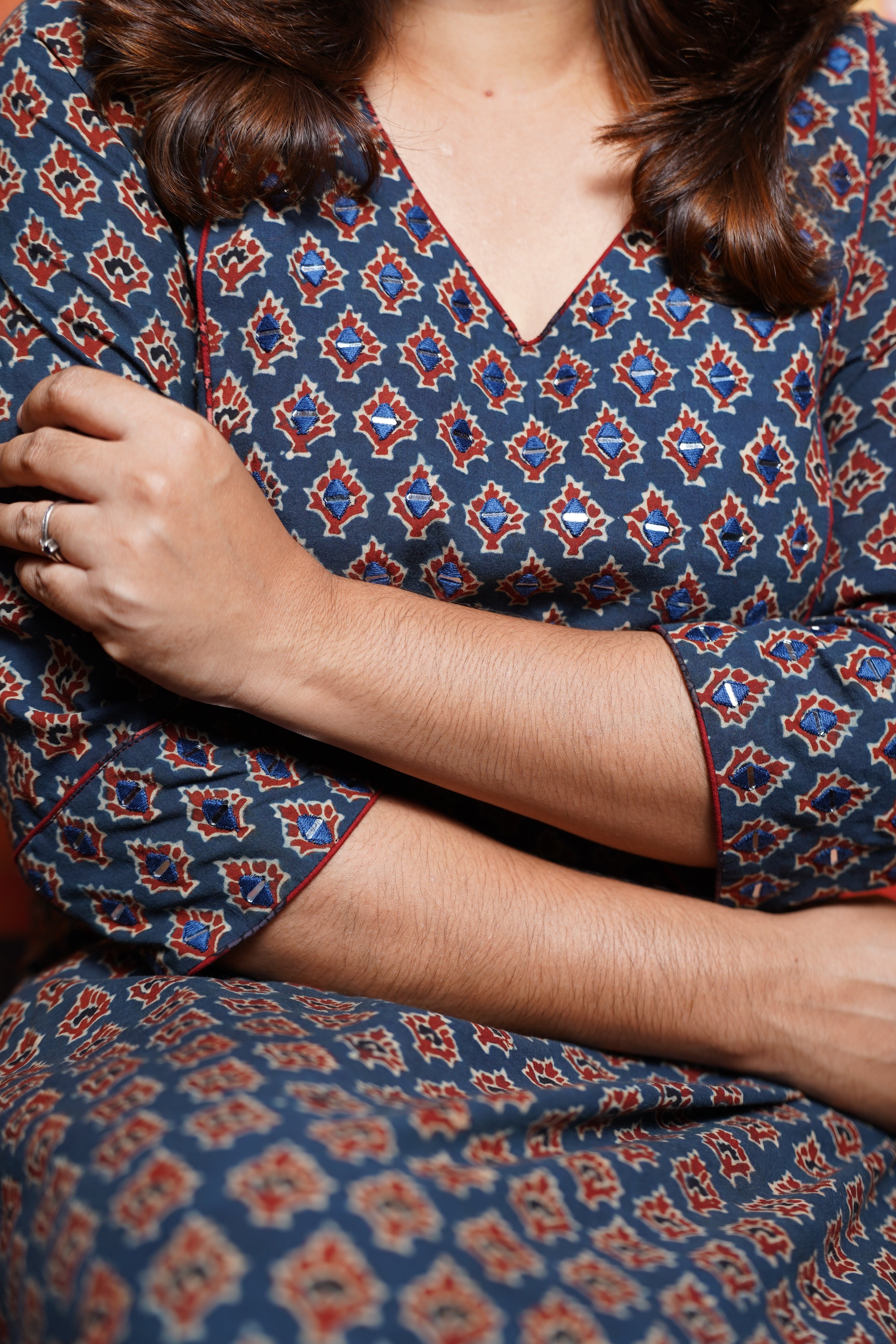 Hand Block Printed Ajrakh Cotton Straight cut Kurthi  With Hand Work