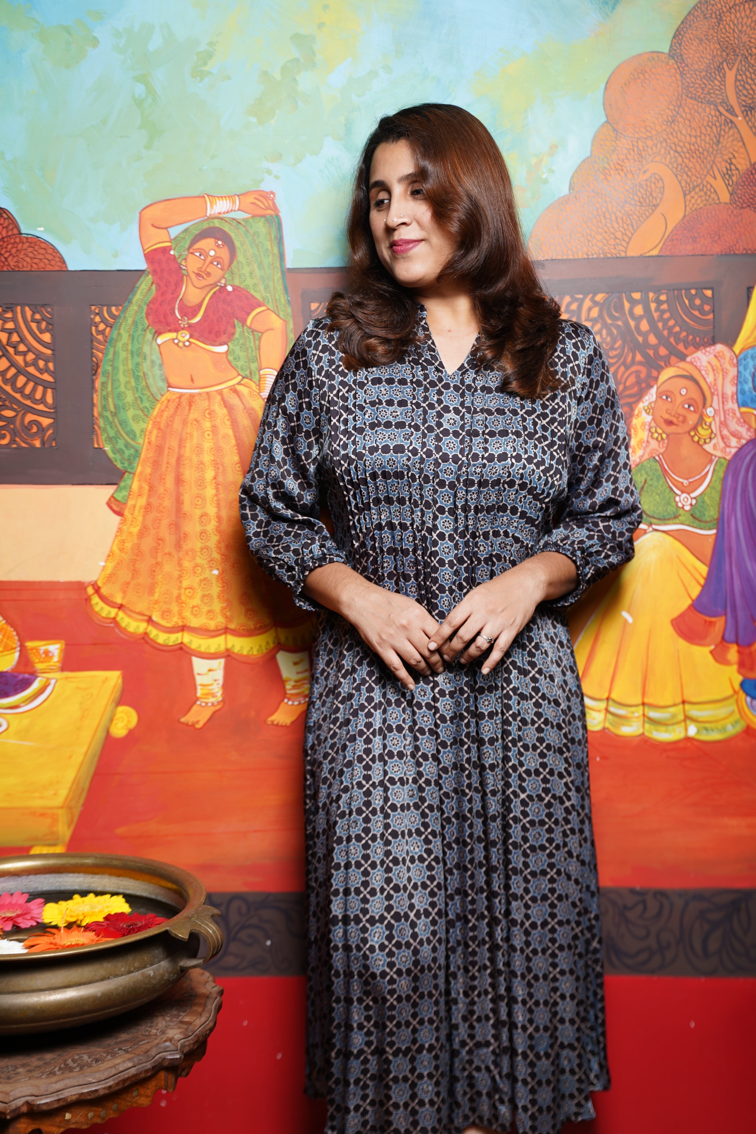 Hand block printed Modal Silk Pintuck Aline Princess Cut Kurthi