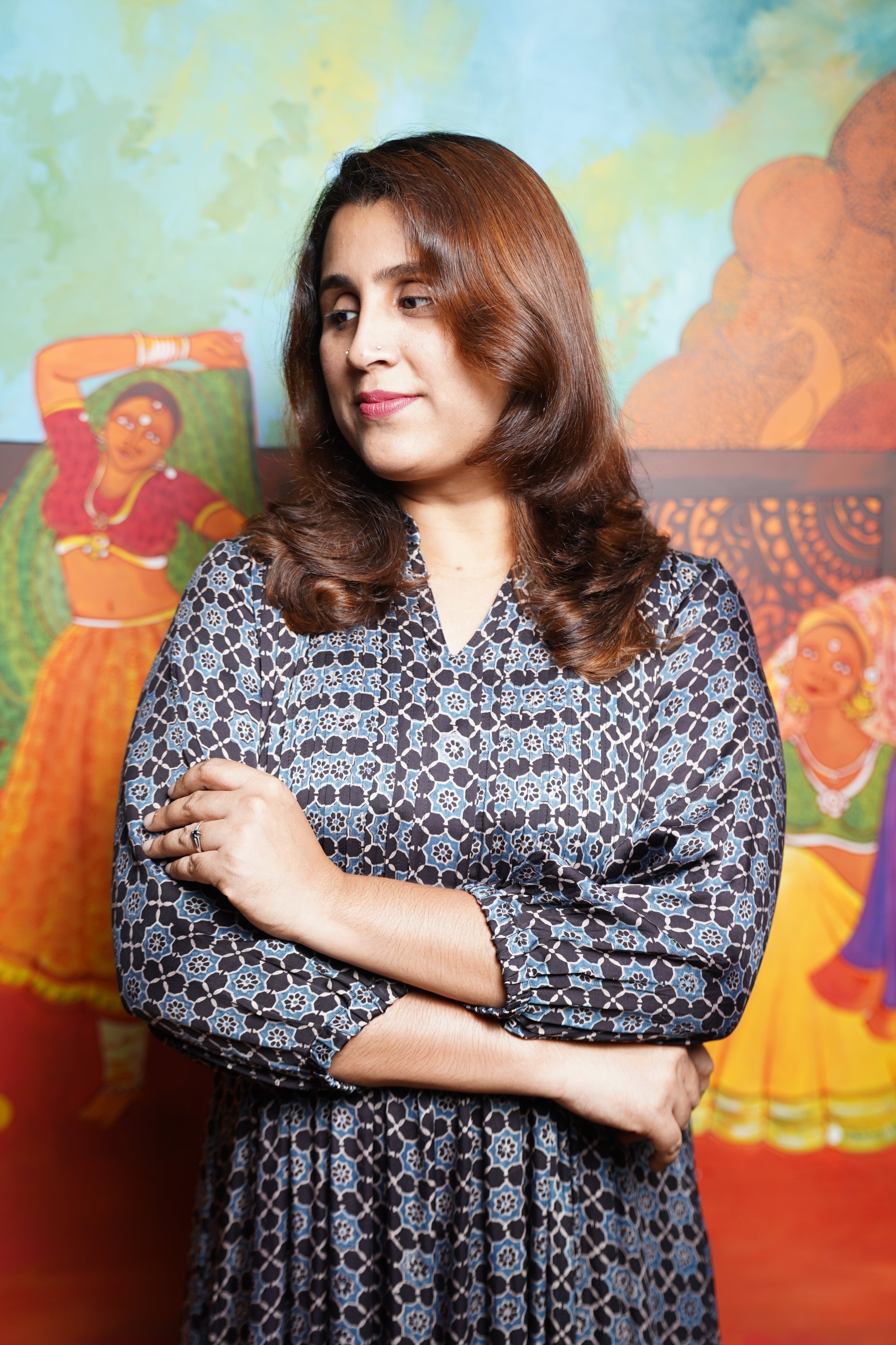 Hand block printed Modal Silk Pintuck Aline Princess Cut Kurthi