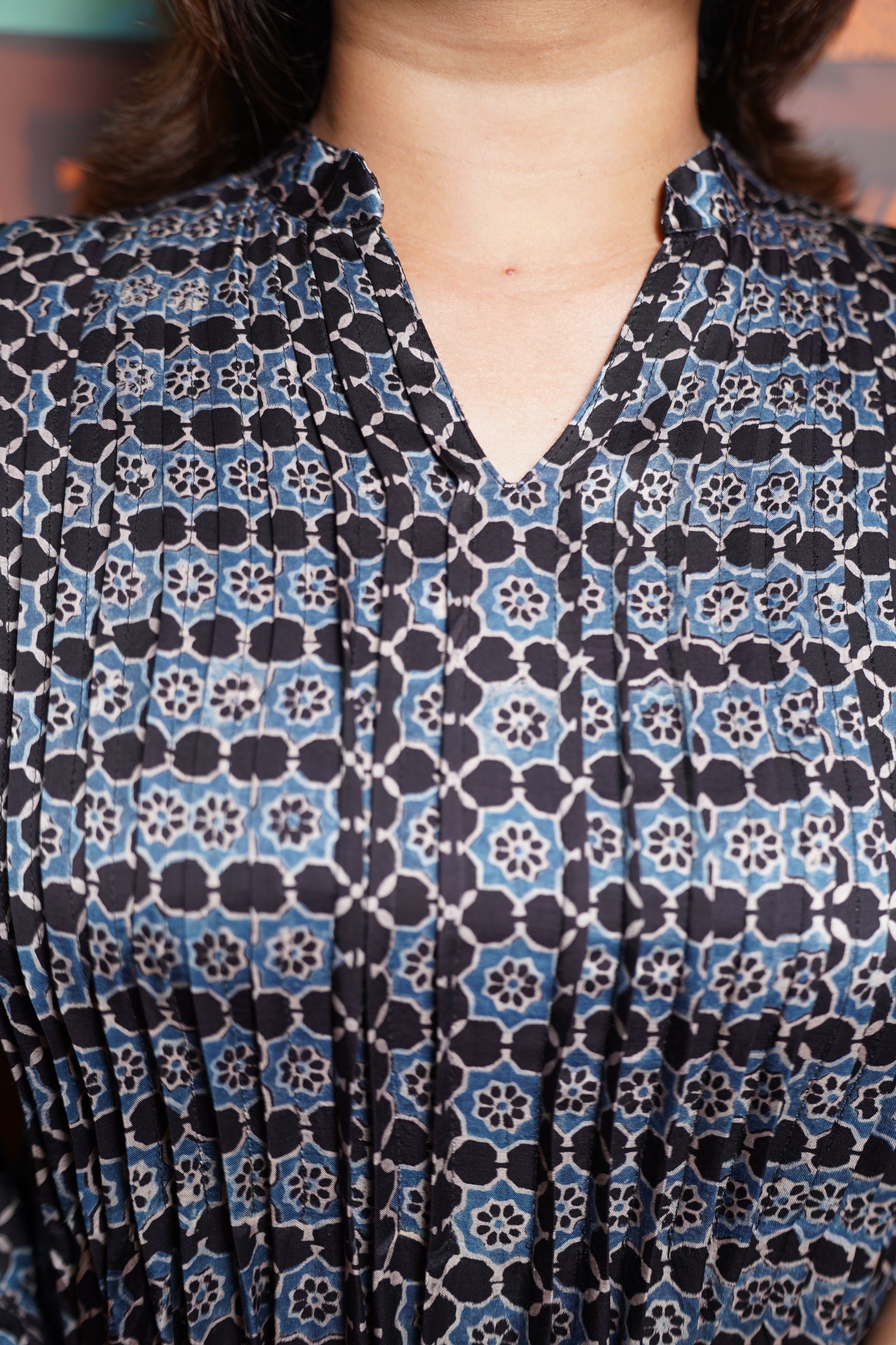 Hand block printed Modal Silk Pintuck Aline Princess Cut Kurthi