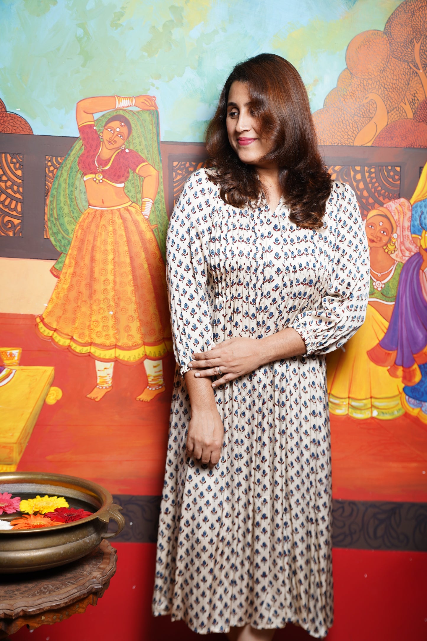 Hand block printed Modal Silk Pintuck  Aline Princess cut Kurthi