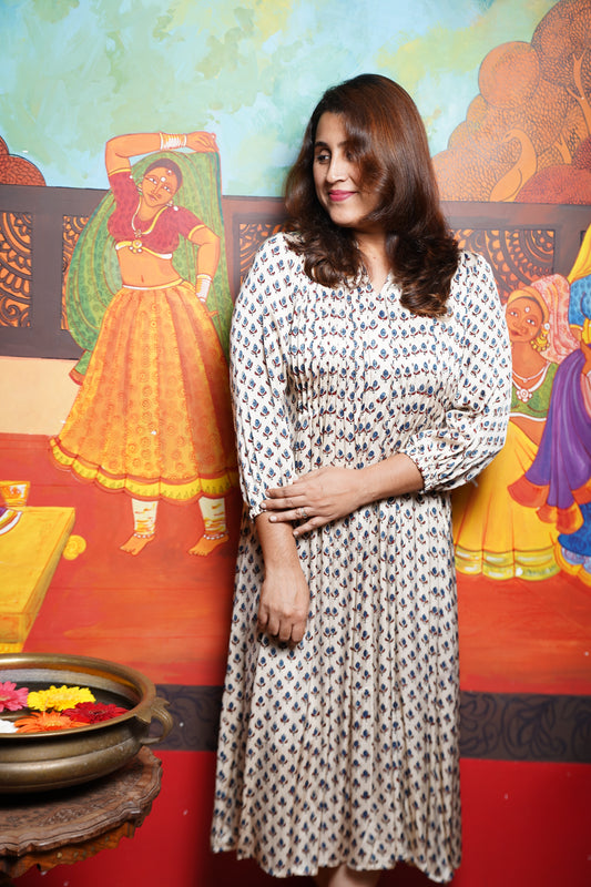 Hand block printed Modal Silk Pintuck  Aline Princess cut Kurthi