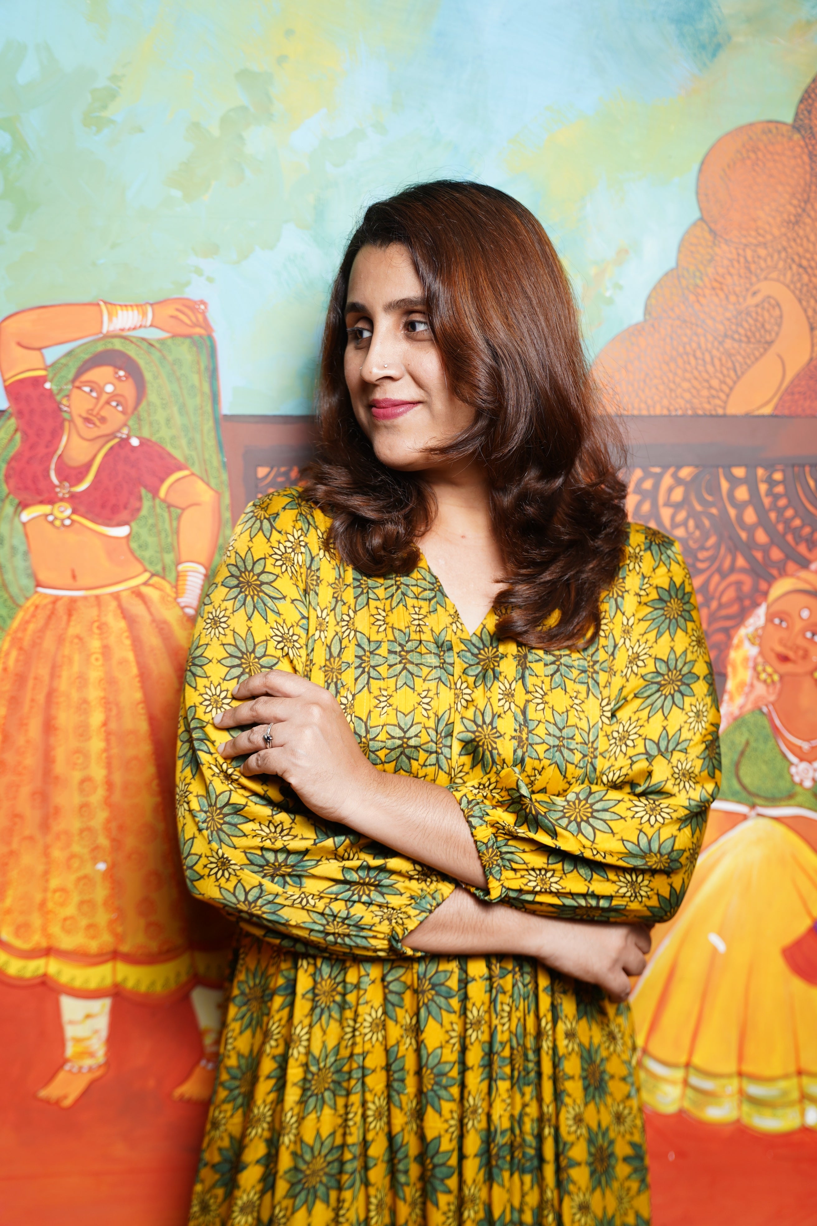 Hand block printed Modal Silk Pintuck  Aline Princess cut Kurthi