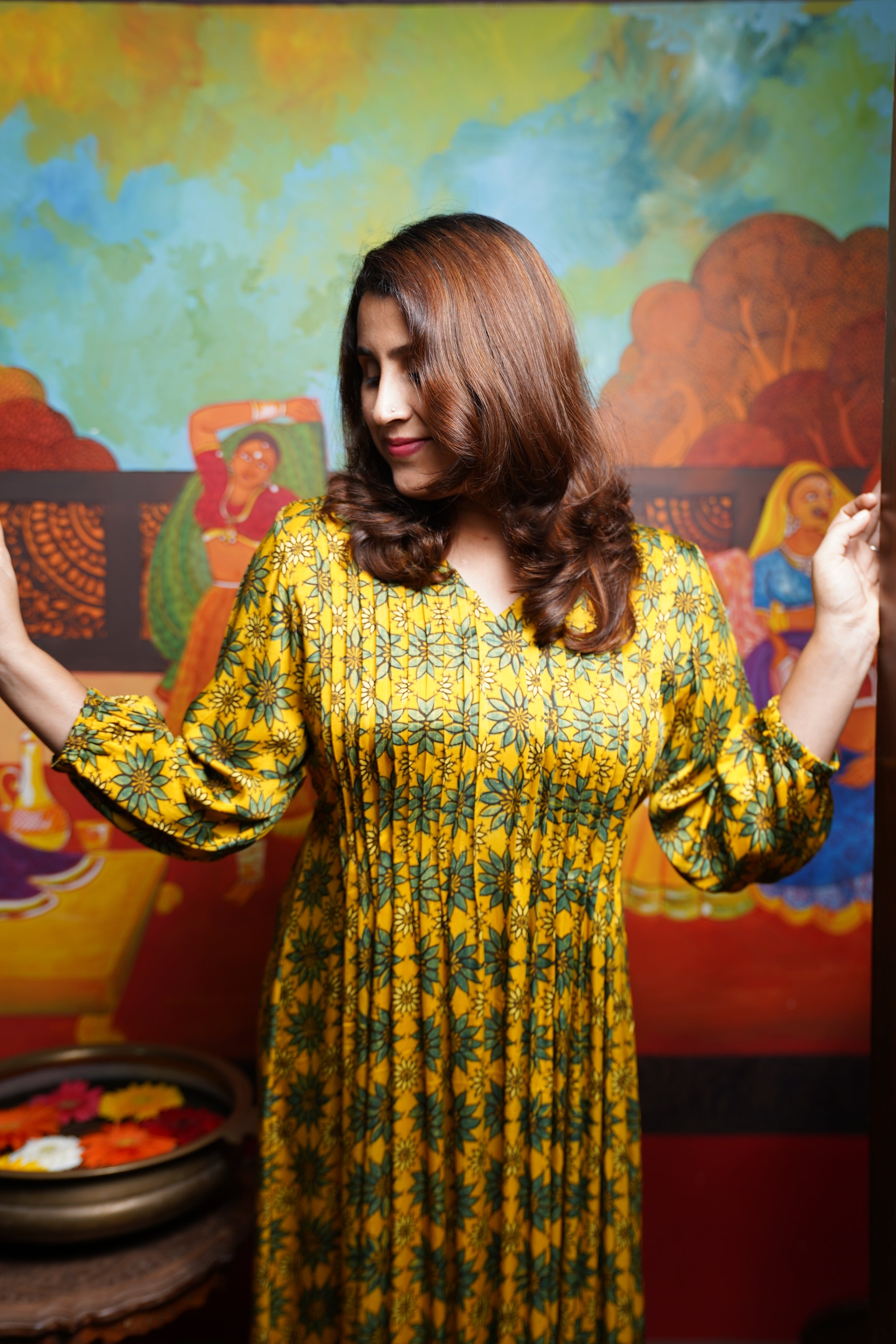 Hand block printed Modal Silk Pintuck  Aline Princess cut Kurthi