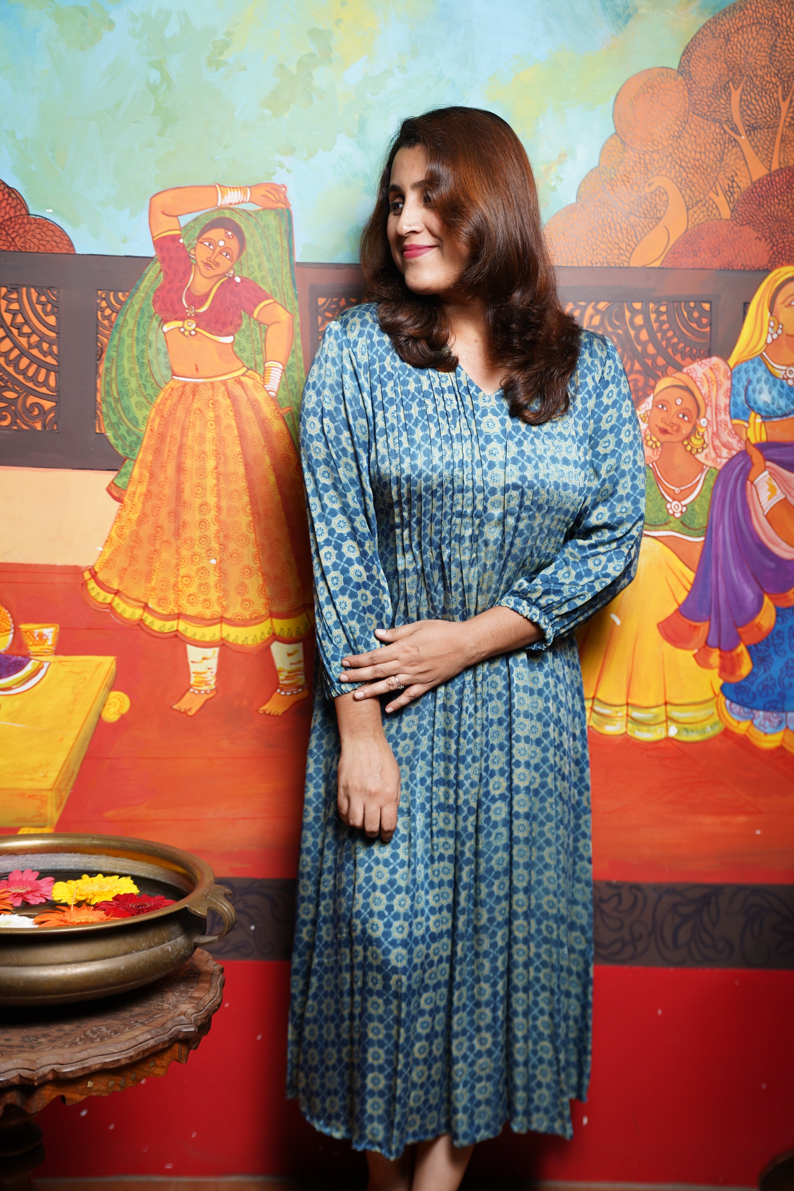 Hand block printed Modal Silk Pintuck  Aline Princess cut Kurthi