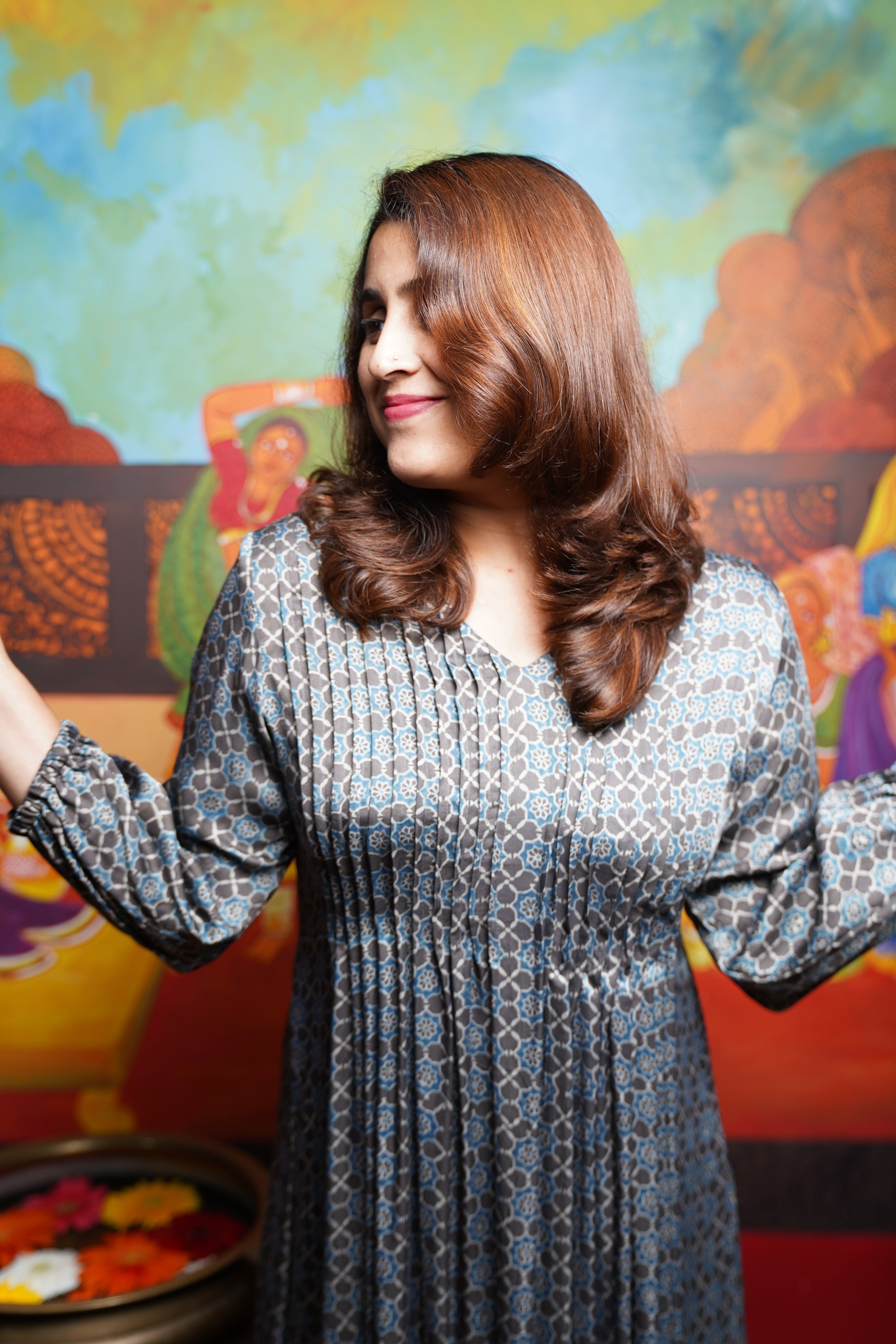 Hand block printed Modal Silk Pintuck  Aline Princess cut Kurthi