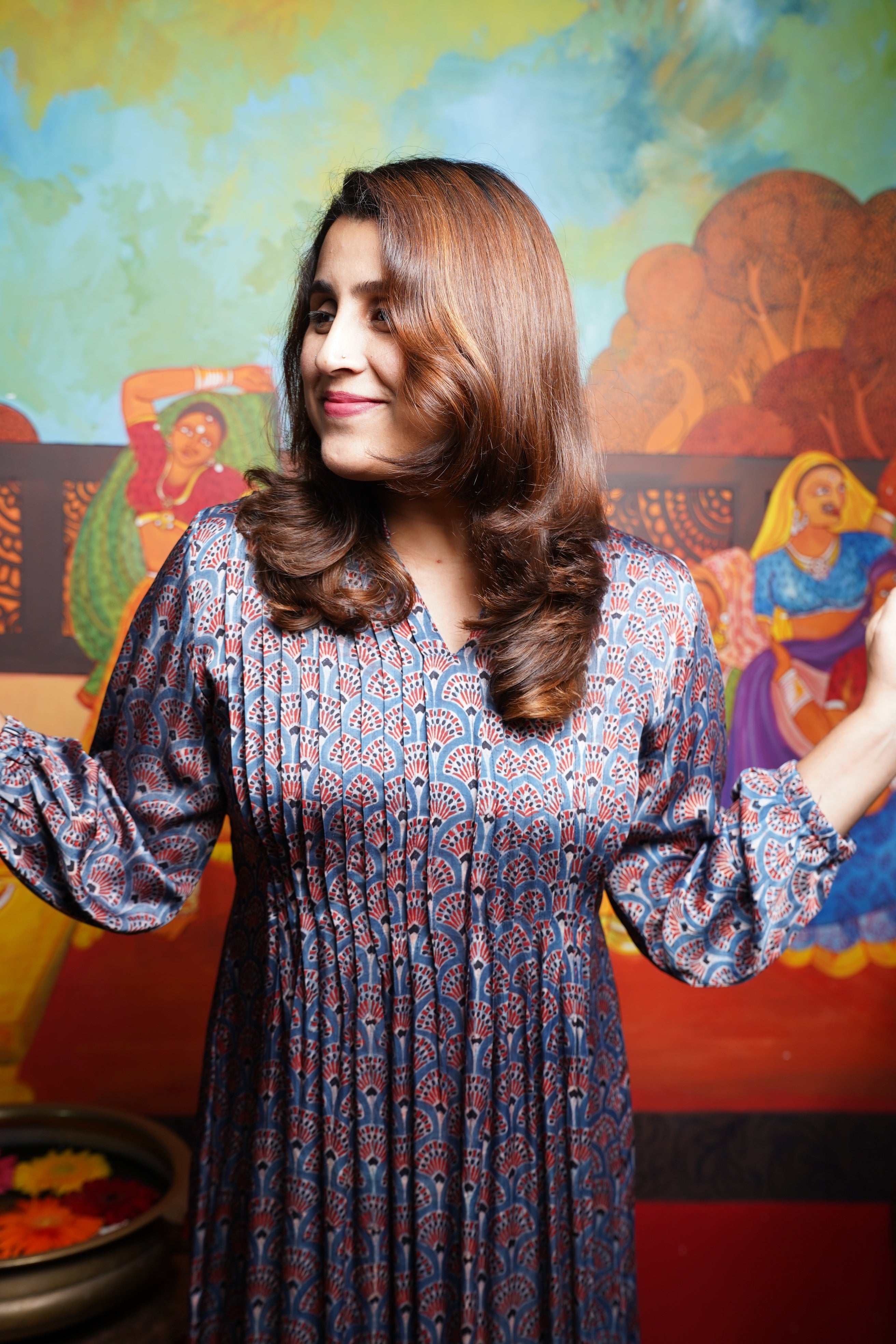 Hand block printed Modal Silk Pintuck  Aline Princess cut Kurthi