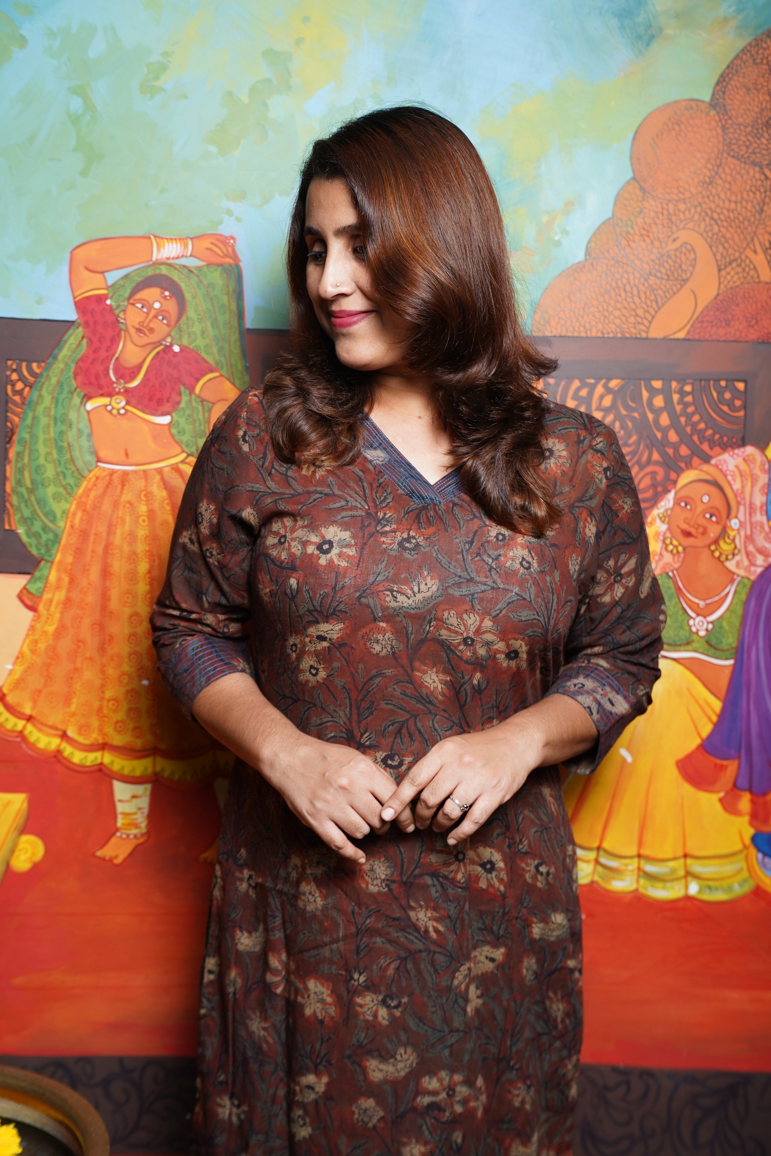 Hand Block Printed Vanaspathi cotton Straight cut Kurthi Set With Running Thread on Sleeve and Neck