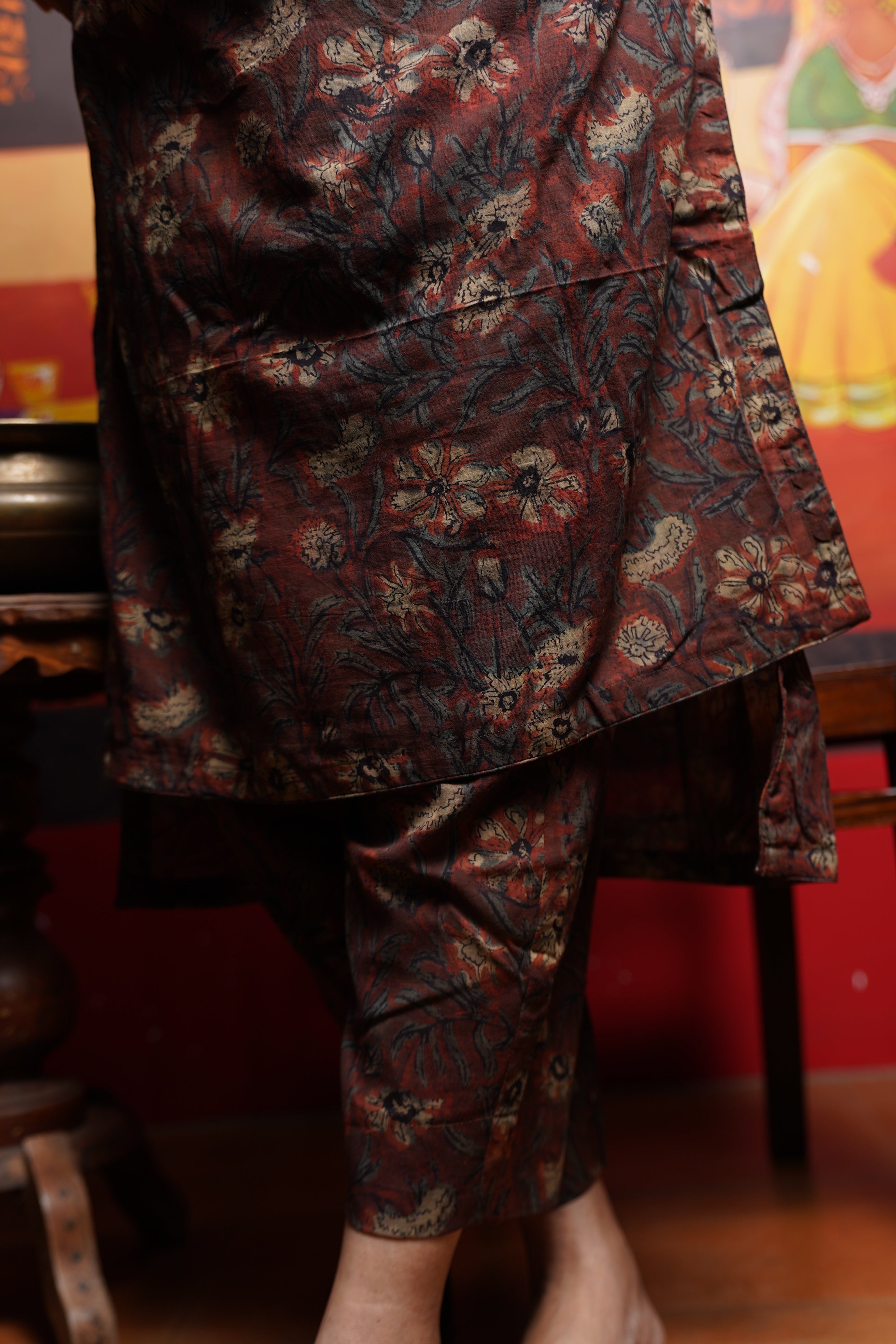 Hand Block Printed Vanaspathi cotton Straight cut Kurthi Set With Running Thread on Sleeve and Neck