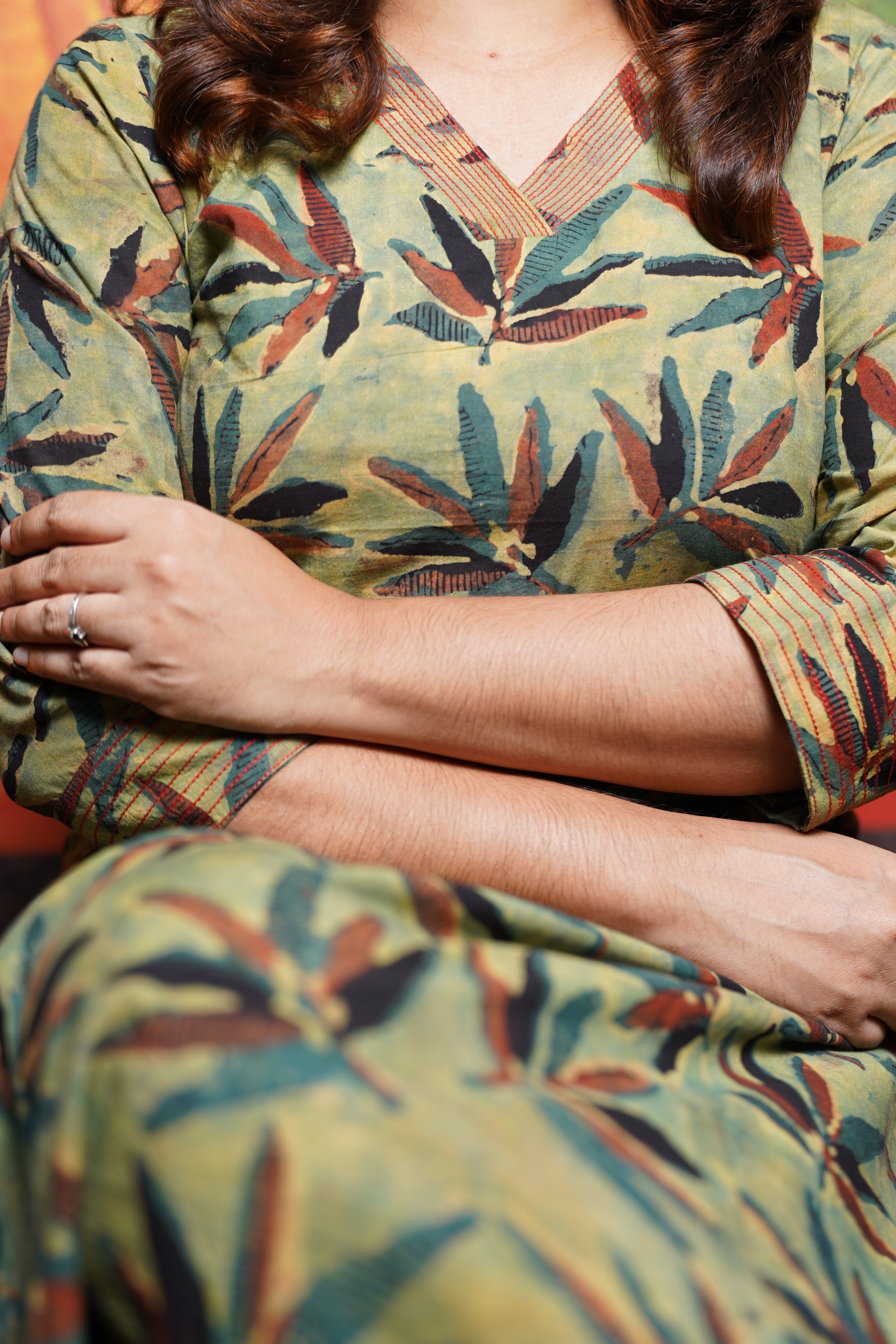 Hand Block Printed Vanaspathi cotton Straight cut Kurthi Set With Running Thread on Sleeve and Neck