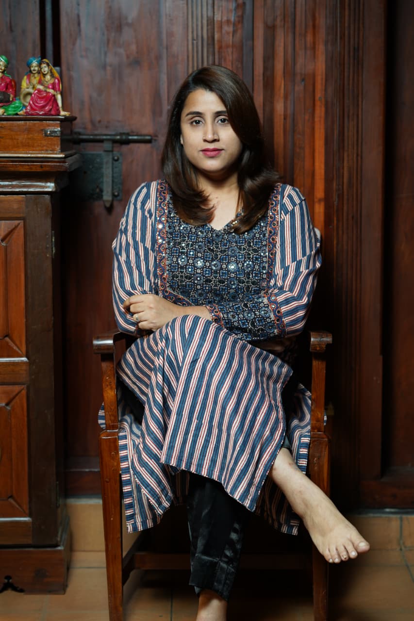 Hand Block Printed Ajrakh Cotton straight Cut Kurthi with Hand Work