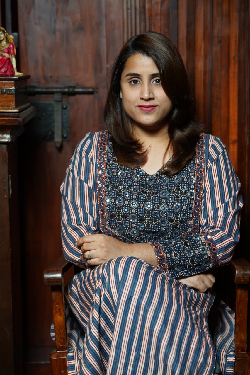 Hand Block Printed Ajrakh Cotton straight Cut Kurthi with Hand Work