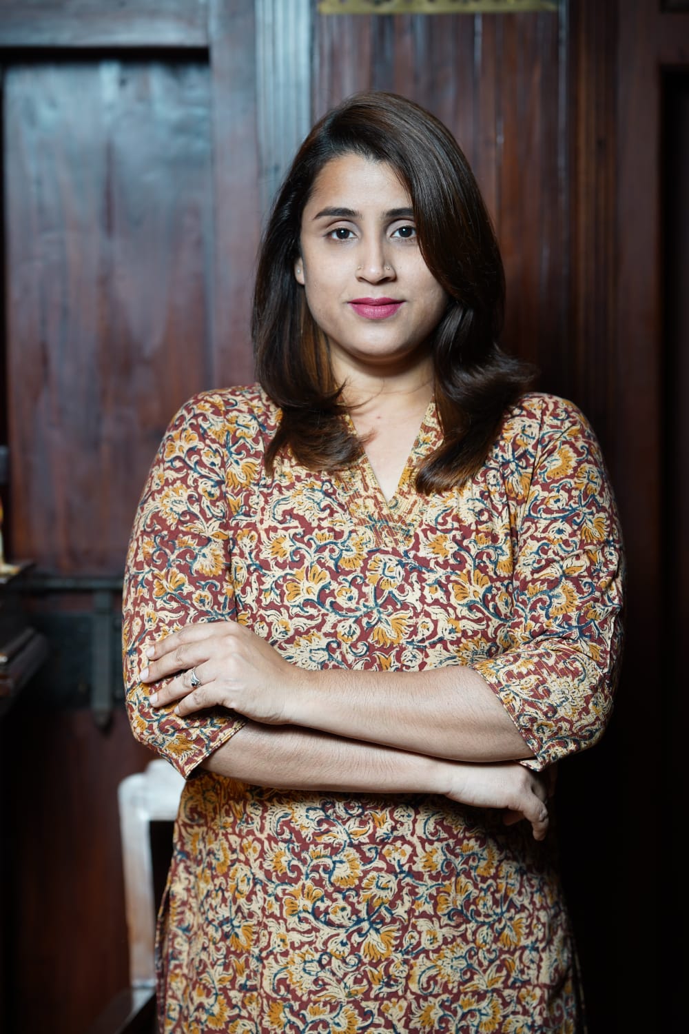 Hand Block Printed Kalamkari Cotton Straight Cut Kurthi With Running Stitch on Neck and Sleeve