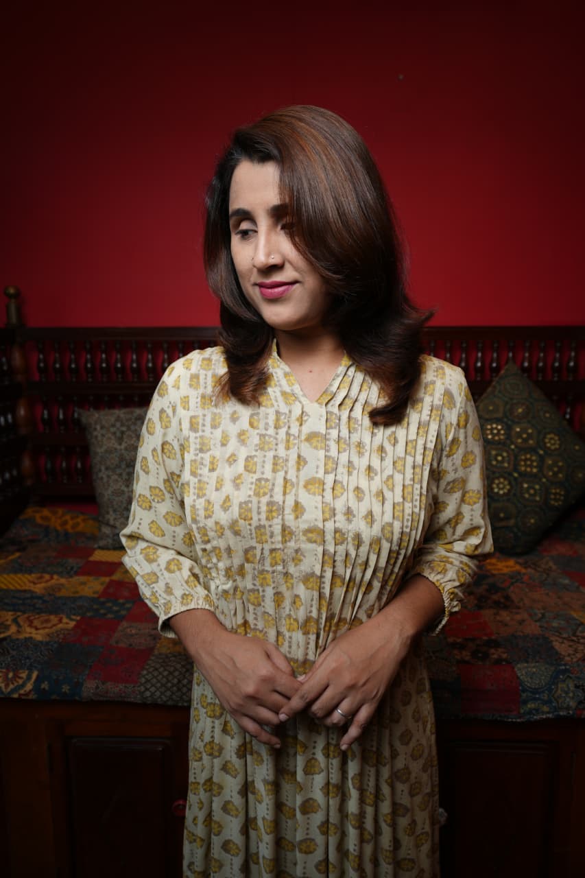 Hand Block Printed Modal Cotton Pintuck Aline Princess Cut Kurthi