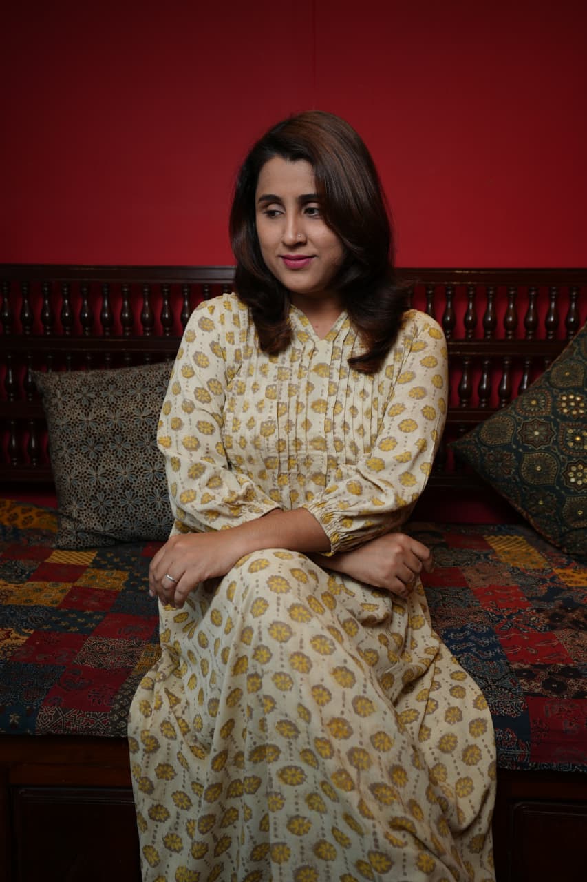 Hand Block Printed Modal Cotton Pintuck Aline Princess Cut Kurthi